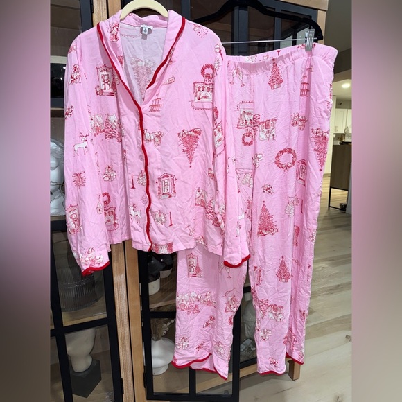 Christmas Toile Print coquette pajamas set long sleeve button down pants preppy - Picture 1 of 9